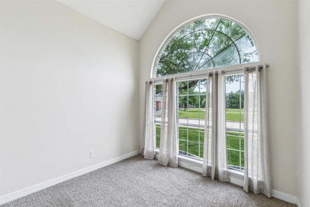 carpeted spare room with baseboards and lofted ceiling