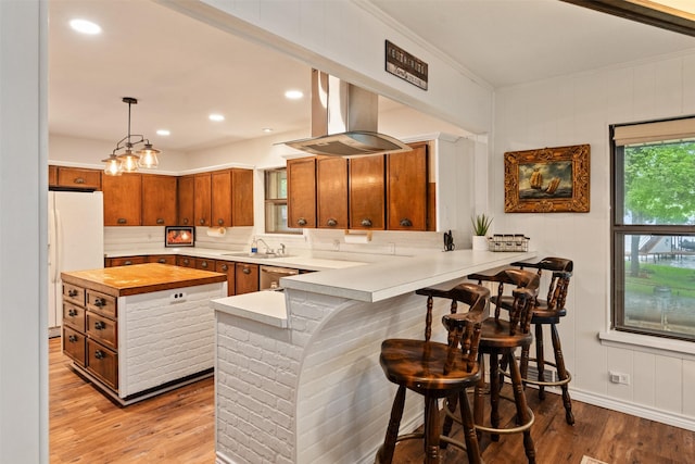 kitchen with a sink, wooden counters, light wood finished floors, island exhaust hood, and brown cabinetry