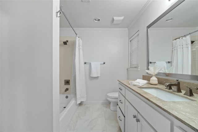 bathroom with crown molding, shower / tub combo with curtain, toilet, vanity, and marble finish floor