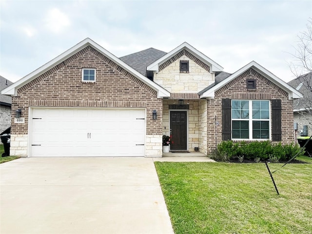 view of front of home with driveway, a front yard, brick siding, and stone siding