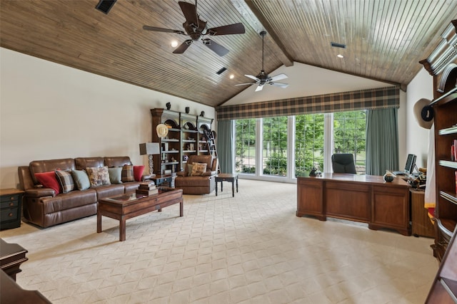 7307 Stallion Cir, Flower Mound, TX 75022 - office area with light carpet, beamed ceiling, high vaulted ceiling, wooden ceiling, and a ceiling fan
