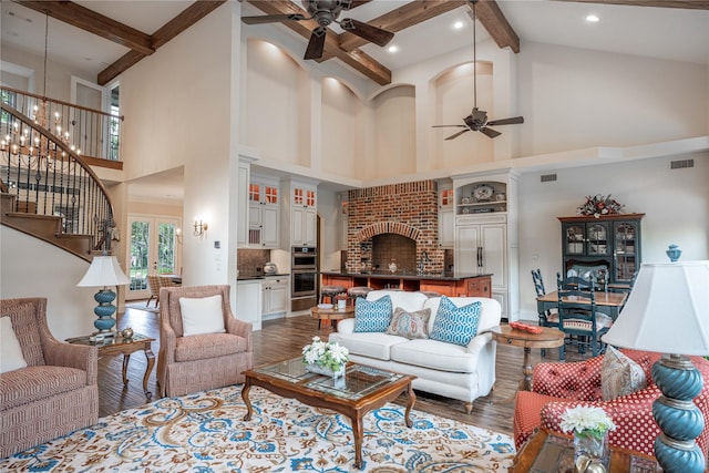 7307 Stallion Cir, Flower Mound, TX 75022 - living room featuring ceiling fan, high vaulted ceiling, dark wood finished floors, beamed ceiling, and visible vents