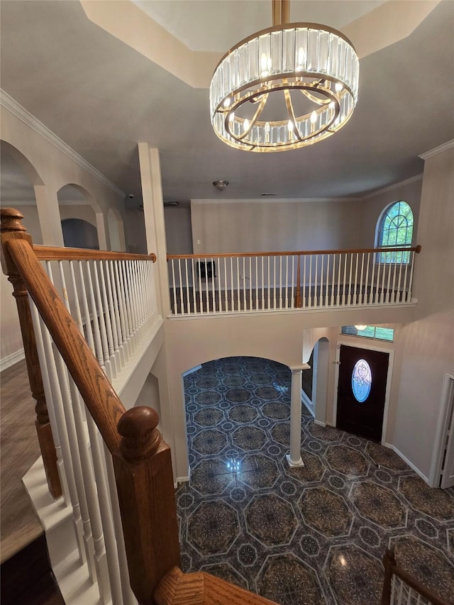 1264 Carriage Creek Dr, Desoto, TX 75115 - stairway featuring ornamental molding, a chandelier, and baseboards