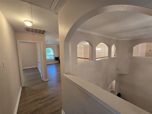 1264 Carriage Creek Dr, Desoto, TX 75115 - corridor with dark wood-style flooring, ornamental molding, and baseboards