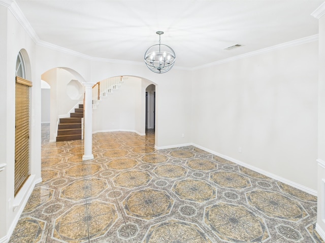 1264 Carriage Creek Dr, Desoto, TX 75115 - unfurnished room with arched walkways, a chandelier, crown molding, stairway, and baseboards