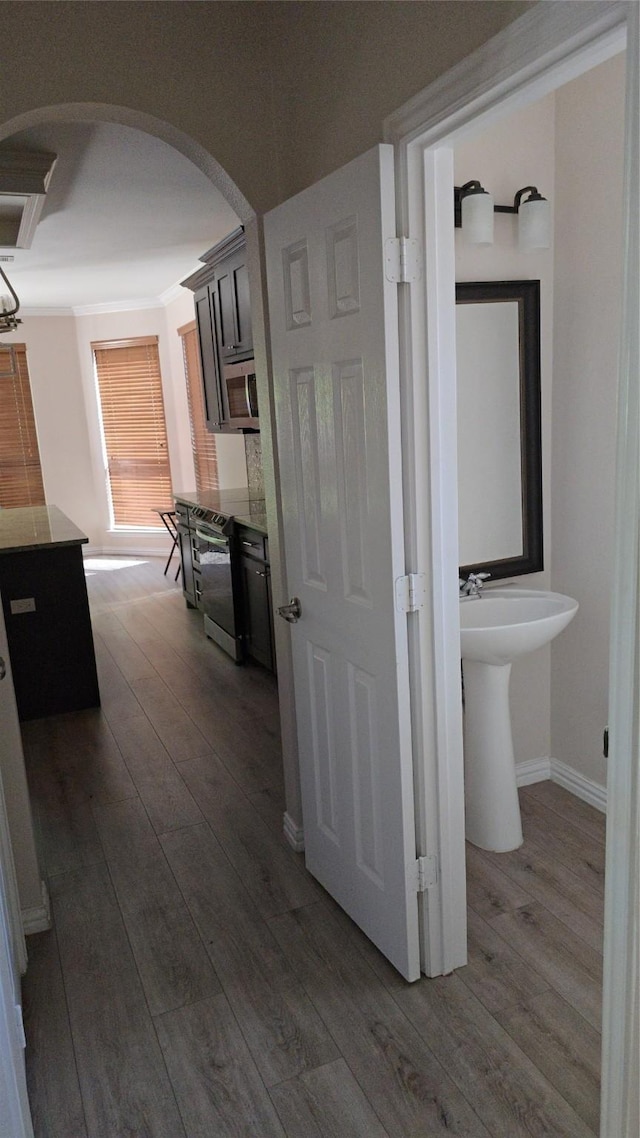 1264 Carriage Creek Dr, Desoto, TX 75115 - corridor featuring arched walkways, dark wood-style flooring, baseboards, and a sink