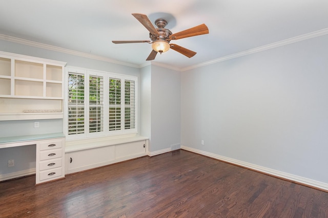 interior space with baseboards, ornamental molding, dark wood-style flooring, and ceiling fan