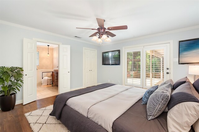 bedroom with visible vents, access to exterior, wood finished floors, connected bathroom, and ornamental molding