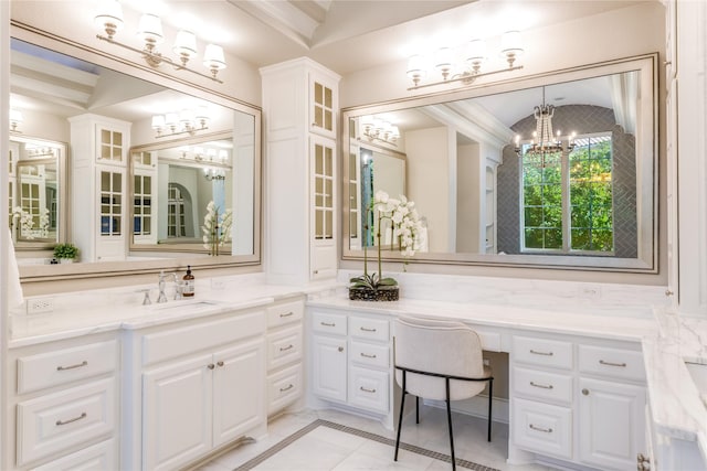 5409 Twin Cities Ln, Mckinney, TX 75070 - bathroom with a chandelier, vaulted ceiling, and vanity