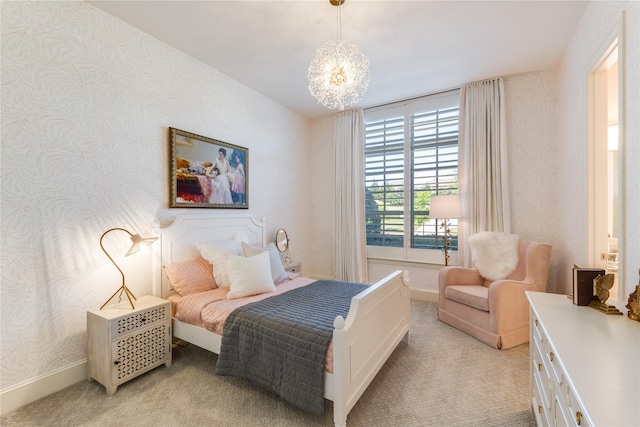 5409 Twin Cities Ln, Mckinney, TX 75070 - bedroom with light colored carpet, a chandelier, and baseboards