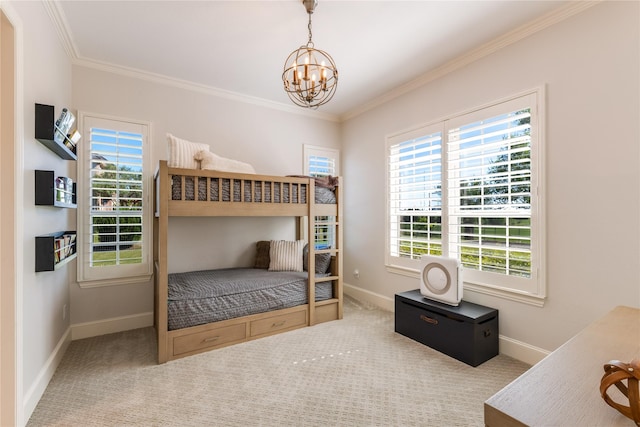 5409 Twin Cities Ln, Mckinney, TX 75070 - carpeted bedroom with crown molding, a chandelier, and baseboards