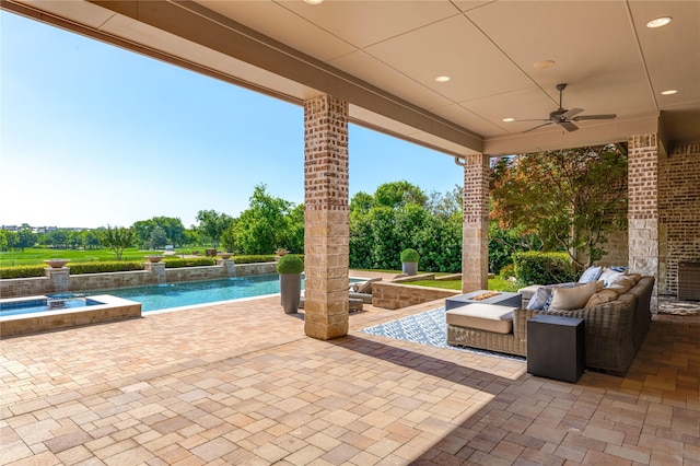 5409 Twin Cities Ln, Mckinney, TX 75070 - view of patio with an outdoor pool, a ceiling fan, an outdoor living space, and an outdoor hot tub