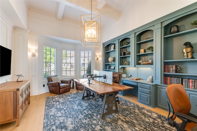 5409 Twin Cities Ln, Mckinney, TX 75070 - office area with light wood-style floors, a chandelier, ornamental molding, and beamed ceiling