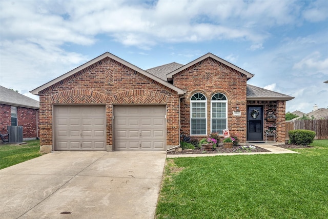 single story home with roof with shingles, brick siding, a garage, central AC unit, and driveway
