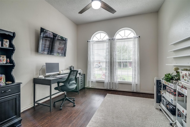 office area featuring a textured ceiling, ceiling fan, and wood finished floors