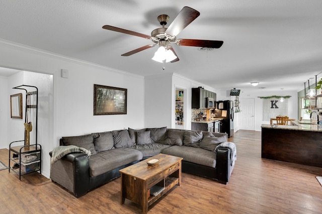 608 Timothy Dr, Fort Worth, TX 76028 - living area with ceiling fan, ornamental molding, and dark wood-style floors