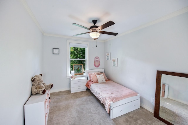 607 Parker St, Mckinney, TX 75069 - bedroom featuring ornamental molding, light carpet, ceiling fan, and baseboards