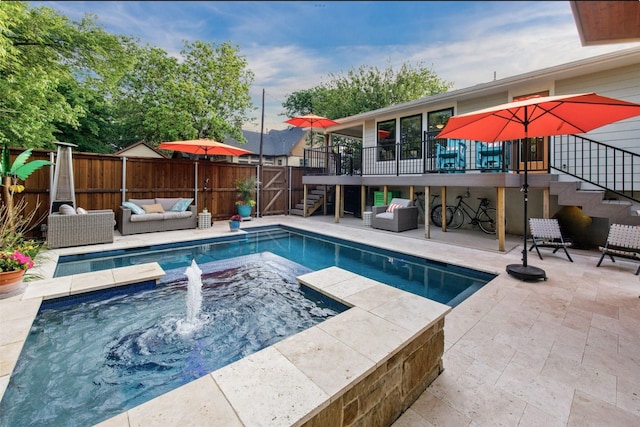 607 Parker St, Mckinney, TX 75069 - view of swimming pool featuring stairs, outdoor lounge area, a pool with connected hot tub, and a patio area