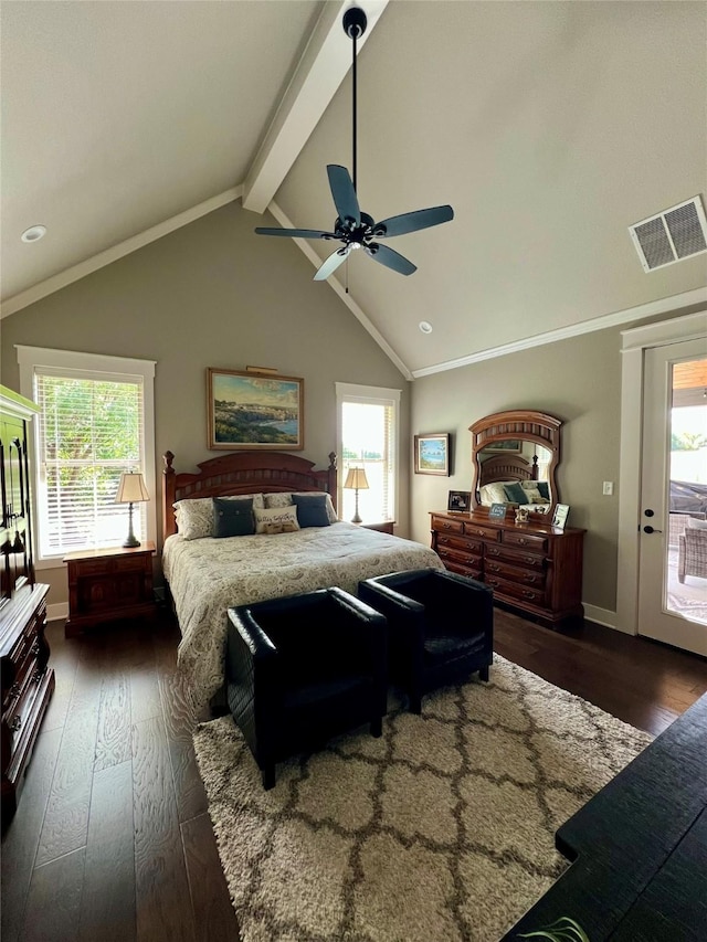bedroom with lofted ceiling with beams, visible vents, dark wood-style flooring, and multiple windows