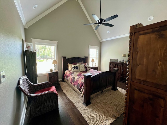 bedroom featuring a ceiling fan, high vaulted ceiling, ornamental molding, and dark wood-style floors
