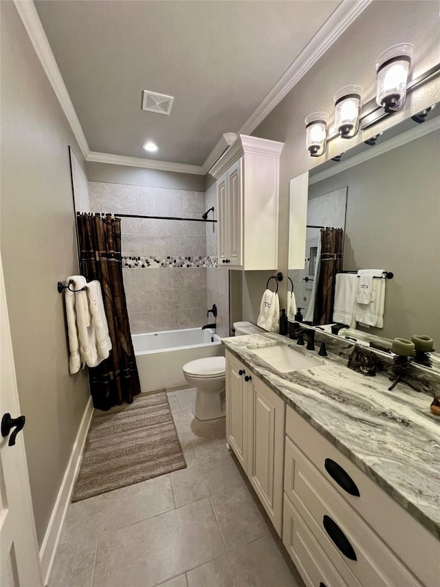 bathroom with toilet, vanity, visible vents, shower / tub combo, and crown molding