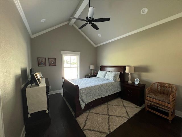 bedroom with ornamental molding, ceiling fan, wood finished floors, and baseboards