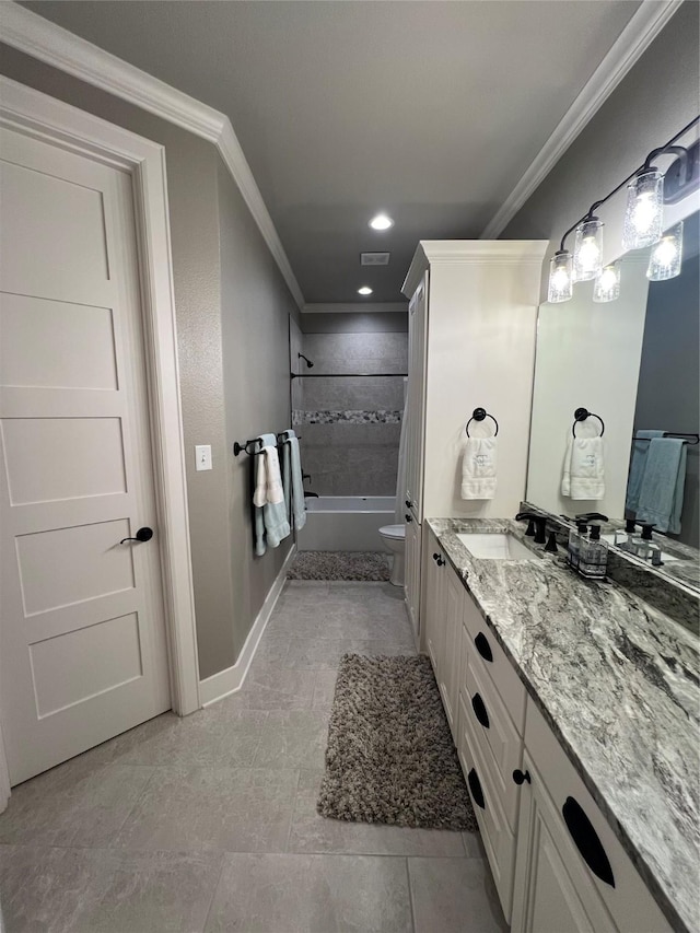bathroom featuring washtub / shower combination, toilet, vanity, and ornamental molding