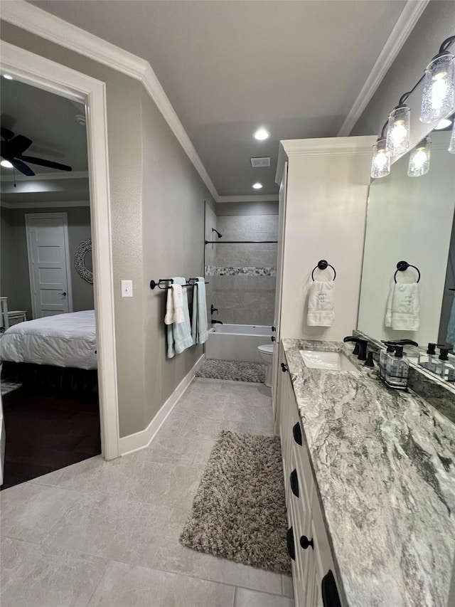 full bathroom featuring shower / tub combination, crown molding, visible vents, baseboards, and vanity