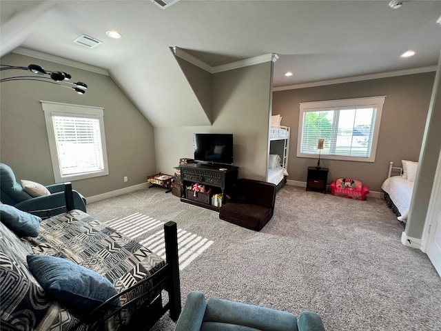 carpeted living room with crown molding, visible vents, and plenty of natural light