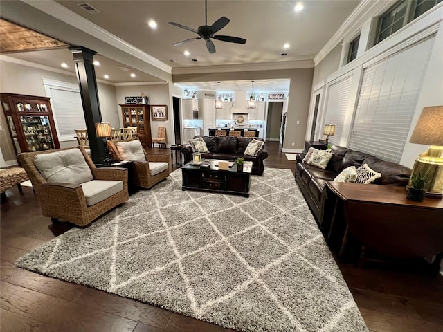 living room with visible vents, ceiling fan, recessed lighting, ornamental molding, and ornate columns