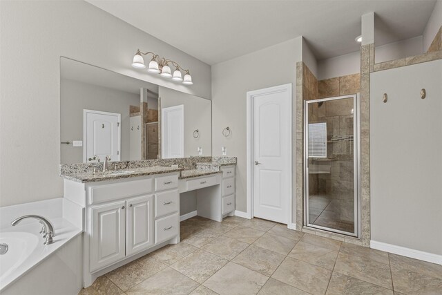 full bathroom featuring baseboards, a stall shower, a bath, and vanity