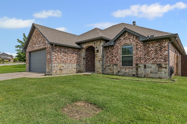 french country style house featuring roof with shingles, concrete driveway, brick siding, and a garage