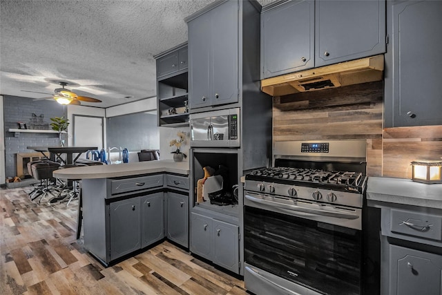 kitchen featuring gray cabinetry, appliances with stainless steel finishes, and a peninsula