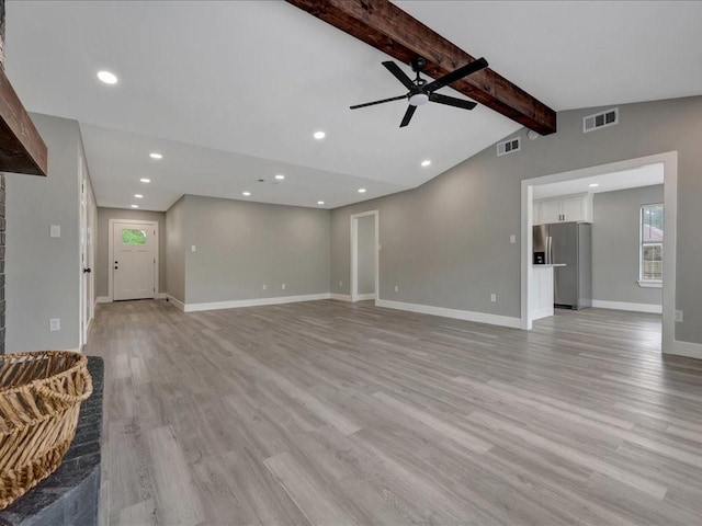 unfurnished living room featuring visible vents, lofted ceiling with beams, ceiling fan, and light wood-style flooring