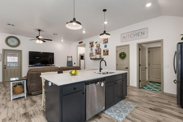 kitchen with light wood finished floors, a sink, visible vents, light countertops, and appliances with stainless steel finishes