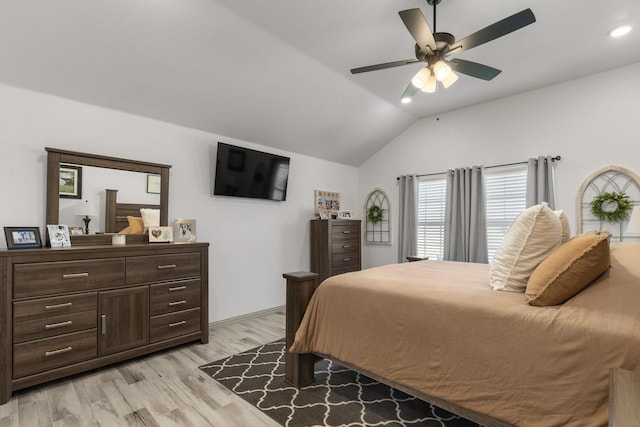 bedroom with recessed lighting, a ceiling fan, lofted ceiling, and light wood finished floors