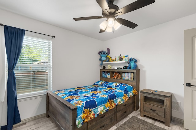 bedroom featuring visible vents, ceiling fan, light wood finished floors, and baseboards