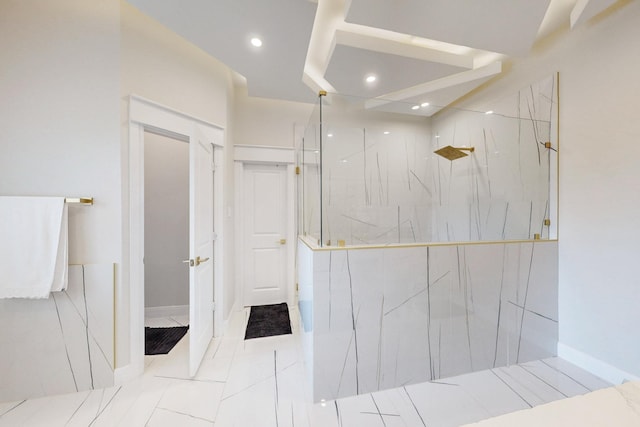 full bath featuring a marble finish shower and recessed lighting