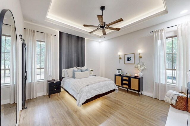 bedroom with multiple windows, a raised ceiling, and light wood-style floors