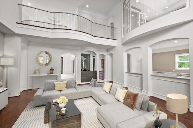 living area featuring crown molding, arched walkways, wood finished floors, and a towering ceiling