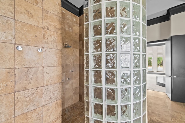 bathroom with a walk in shower and tile patterned floors