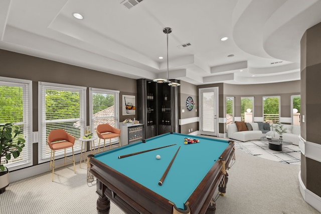 recreation room with billiards, carpet, a tray ceiling, and recessed lighting