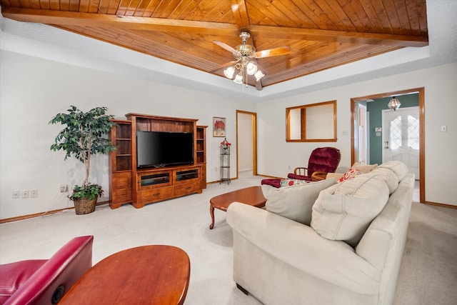carpeted living room with wood ceiling, beamed ceiling, a raised ceiling, ceiling fan, and baseboards