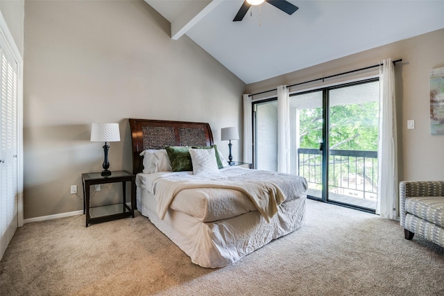 carpeted bedroom with ceiling fan, beam ceiling, high vaulted ceiling, access to exterior, and baseboards