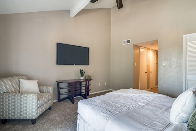 carpeted bedroom with baseboards, visible vents, beam ceiling, and high vaulted ceiling