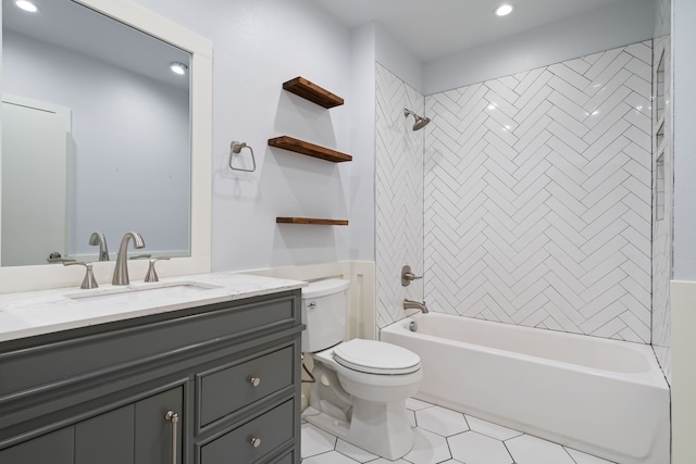 full bathroom featuring recessed lighting, tile patterned flooring, toilet, vanity, and washtub / shower combination