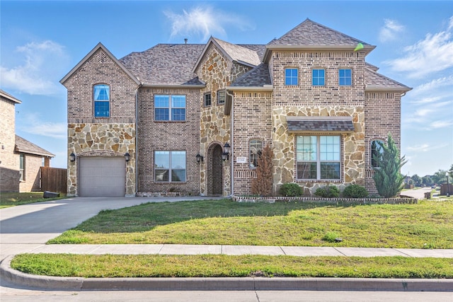 1164 Red Hawk Ln, Forney, TX 75126 - view of front of property featuring driveway, stone siding, a front lawn, brick siding, and a garage