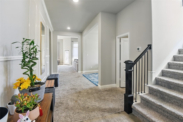 1164 Red Hawk Ln, Forney, TX 75126 - hallway with recessed lighting, stairway, carpet, and baseboards