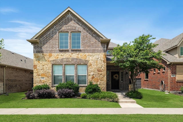 7100 Dandelion Dr, Little Elm, TX 76227 - view of front of house with stone siding, a front yard, and brick siding