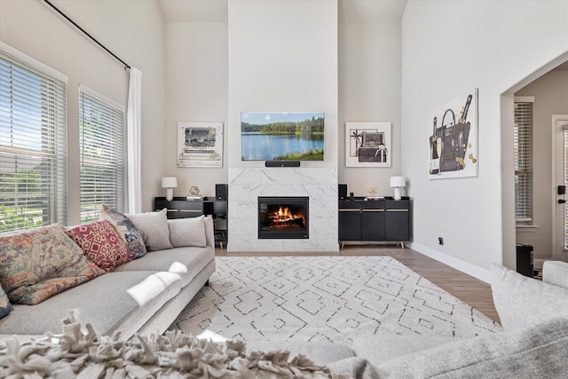 7100 Dandelion Dr, Little Elm, TX 76227 - living area with wood finished floors, a high ceiling, a premium fireplace, and baseboards